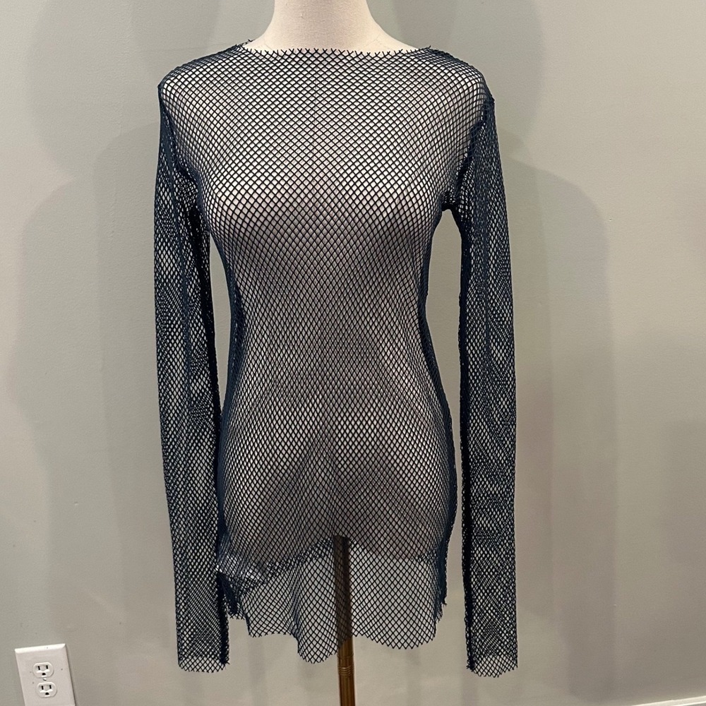 Lull‎ Japanese Dress Goth Core Grunge Mesh Fishnet Long Sleeve Top Blue Gray